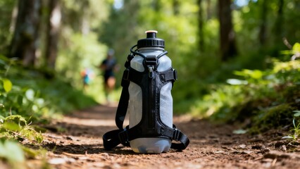A close-up low-angle view of a strapped water bottle resting on a dirt trail in a sunny forest, with a blurred runner visible in the background.