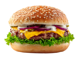 Delicious gourmet cheeseburger with fresh lettuce and red onion isolated on transparent background