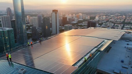 Solar panels on rooftop with city skyline