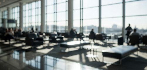 Blurred modern airport lounge interior with daylight and clean color tones. Contemporary travel space with structured seating and lighting, suitable for transportation backgrounds.