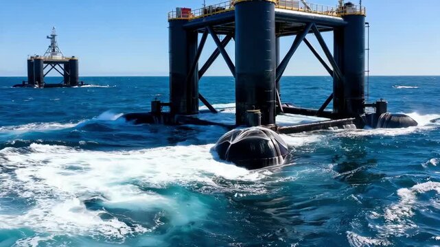 Medium shot of offshore wave energy converters harnessing ocean power with large floating platforms amidst deep blue sea under clear sky.
