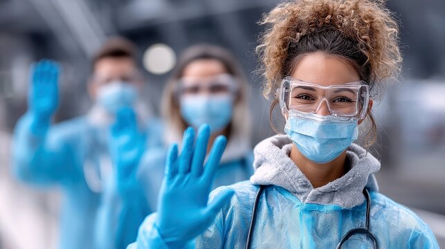 Three healthcare professionals in blue protective suits, masks, and goggles wave hello, conveying a message of hope and solidarity.