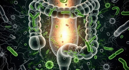Microscopic view of human intestine showing healthy gut microbiome and beneficial bacteria illustration