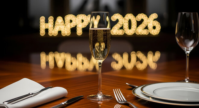 A flute of champagne sits on a beautifully set table, reflecting the festive 'Happy 2026' lights, creating a celebratory and anticipatory atmosphere.