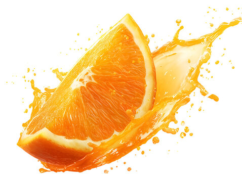 Juicy orange slice with a refreshing splash of orange juice isolated on transparent background