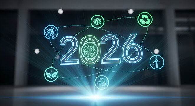 A futuristic digital rendering showcases the year 2026 surrounded by icons representing sustainability, technology, and renewable energy sources for a greener future.