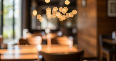 Blurred cafe interior with warm lighting, wooden textures, and soft focus. Modern seating area and decorative elements, suitable for lifestyle and creative backgrounds.