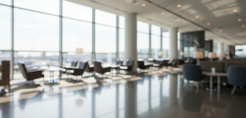Blurred modern airport lounge interior with daylight and clean color tones. Contemporary travel space with structured seating and lighting, suitable for transportation backgrounds.