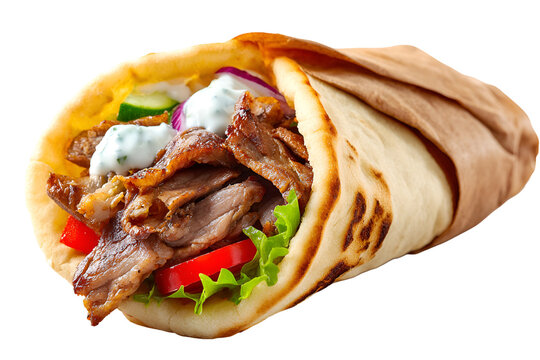 Delicious gyro sandwich filled with seasoned meat fresh vegetables and creamy sauce isolated on transparent background