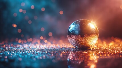 Disco ball on glittery surface, vibrant lighting