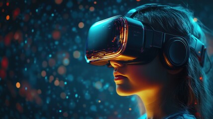 VR headset use in a futuristic environment.  Possible use stock photo for technology, virtual reality, gaming, and futuristic concepts