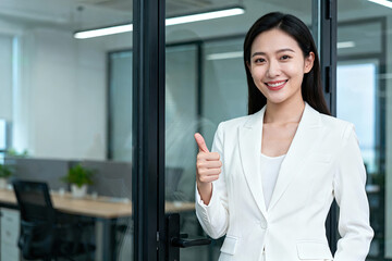 A professional business woman in white suit gives a thumbs up in a modern office environment, showing confidence and success.