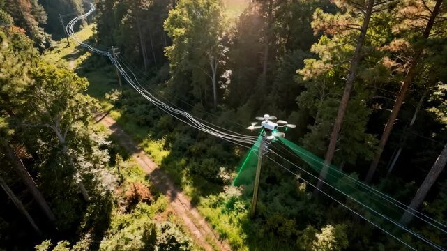 Midrange view of advanced LIDAR drone mapping utility lines creating detailed 3D models for maintenance inspections in a forested area