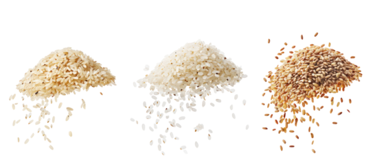 Three piles of arborio rice sushi rice and brown rice falling on transparent background