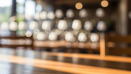 Blurred cafe interior with warm lighting, wooden textures, and soft focus. Modern seating area and decorative elements, suitable for lifestyle and creative backgrounds.
