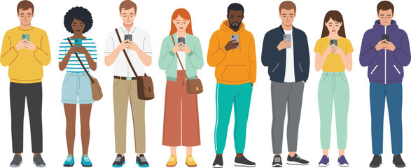 Group of diverse people using smartphones, casual clothing, digital behavior, mobile engagement, modern lifestyle, technology focus, vector illustration, white background, social concept