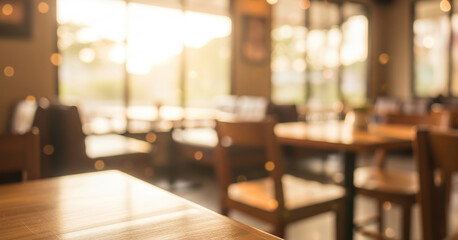 Blurred cafe interior with warm lighting, wooden textures, and soft focus. Modern seating area and decorative elements, suitable for lifestyle and creative backgrounds.