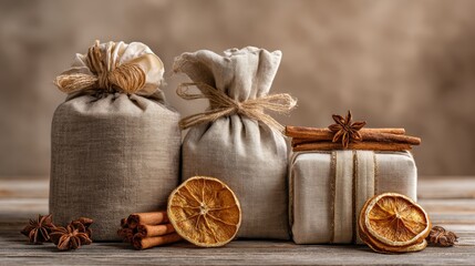 A collection of beautifully wrapped Christmas gifts in natural fabrics. The scene includes oranges, cinnamon sticks, and dried orange slices for decoration.