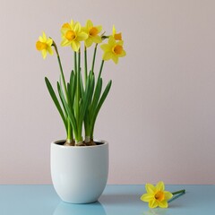 A pot of bright yellow daffodils with green stems and leaves, one daffodil lies on the side