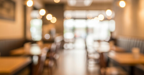 Blurred cafe interior with warm lighting, wooden textures, and soft focus. Modern seating area and decorative elements, suitable for lifestyle and creative backgrounds.