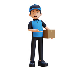 Friendly cartoon delivery man in blue shirt and cap holding a cardboard package. 3D render