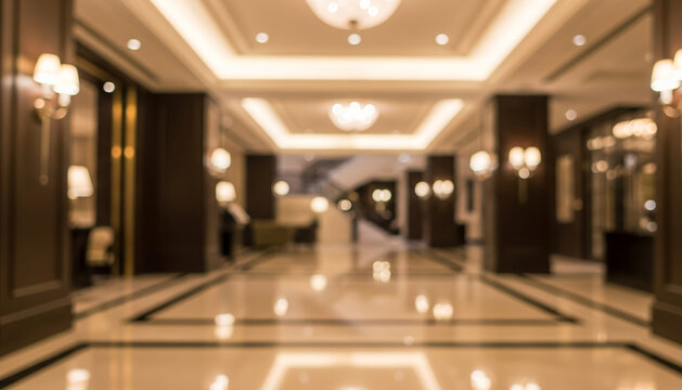 Blurred modern hotel lobby interior with warm color tones, polished surfaces, and structured lighting. Depth of field highlights architectural lines, suitable for hospitality backgrounds.