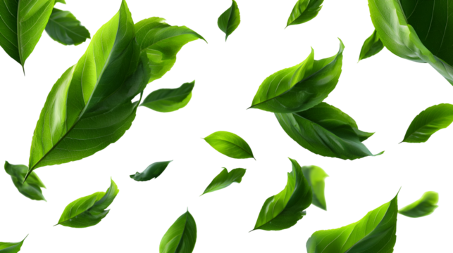 Vibrant green leaves falling and floating in a dynamic pattern isolated on transparent background