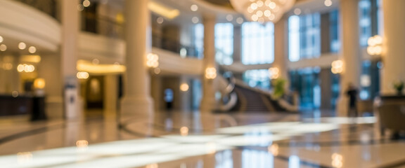 Blurred modern hotel lobby interior with warm color tones, polished surfaces, and structured lighting. Depth of field highlights architectural lines, suitable for hospitality backgrounds.