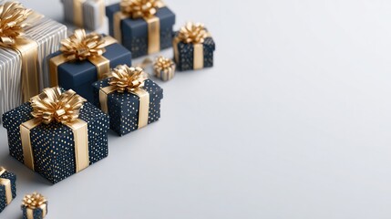 A Christmas gift box wrapped in elegant navy blue and gold foil bursts dynamically from the corner of the image, set against a pure white background, conveying joy, celebration, and festive generosity