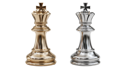 Two ornate chess king pieces one gold one silver isolated on transparent background