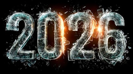 The year 2026 depicted as shattered ice with glowing orange light emanating from within.