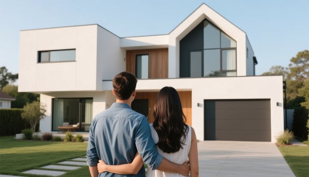 first time home buyer loan concept. Couple admiring a modern home in a serene environment.