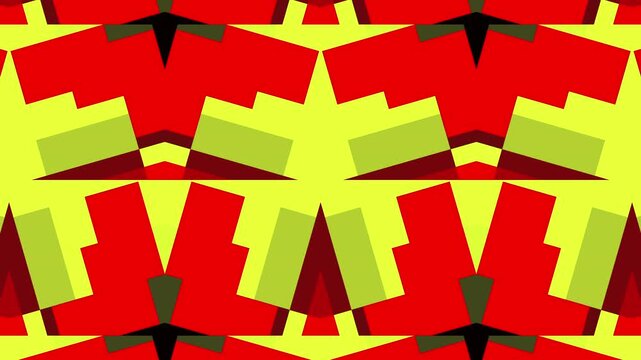 Red and yellow geometric motion forming abstract symmetrical star pattern animation.
