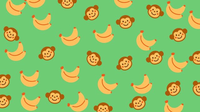 Monkey doodle pattern green image with smiling monkey faces and bananas. Perfect for childrens products, stationery, and playful designs.