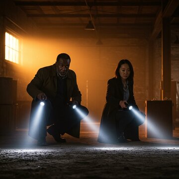 Two detectives with flashlights search a dark, dusty warehouse for clues in a suspenseful crime investigation