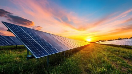 Solar panels in a field at sunset generating clean renewable energy now
