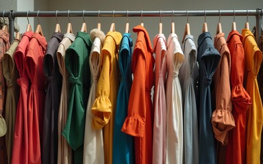 Vintage photo of retro second hand clothing at flee market. Women coats and dresses. Generative AI. High quality