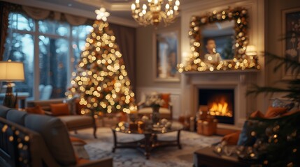 luxury christmas living room interior, elegant christmas tree decorated with golden ornaments and warm white lights, soft glowing fireplace, cozy ambient lighting, blurred bokeh background, depth of f