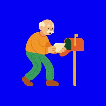 Elderly man checking mailbox animation, transparent 4K video, green screen