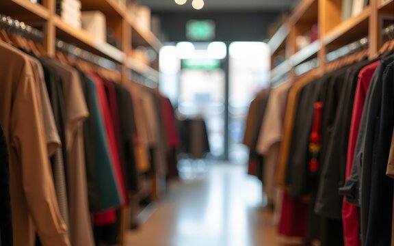 Elegant second hand clothing shop interior thrift store blur background 12. High quality