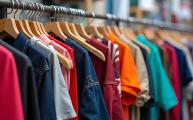 Clothing on hangers, on rails in a second-hand store. Colored clothes display in market. Huge selection of different used clothes for men, women and children on the rack in thrift store. High quality