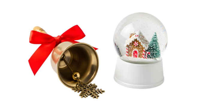 Christmas snow globe and bell isolated on transparent background