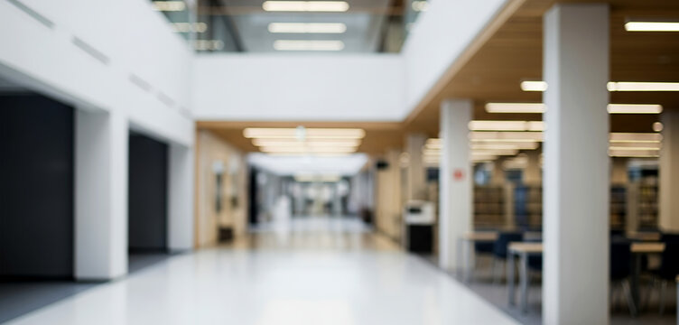 Blurred university hallway with bright daylight, clean architectural design, and linear perspective. Modern educational interior with depth focus, suitable for institutional backgrounds.