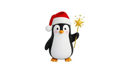 Fototapeta premium Cute christmas penguin with santa hat and star isolated on transparent background