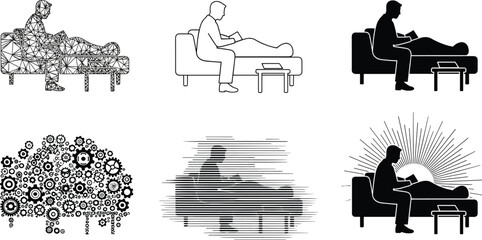 Person reading to another in six artistic styles, wireframe, line art, silhouette, gear design, striped effect, radiant burst, storytelling, care, relaxation