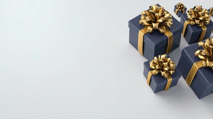A Christmas gift box wrapped in elegant navy blue and gold foil bursts dynamically from the corner of the image, set against a pure white background, conveying joy, celebration, and festive generosity
