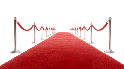 Elegant red carpet pathway with stanchions and ropes isolated on transparent background