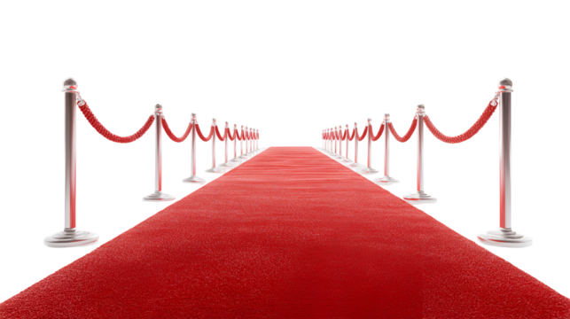 Elegant red carpet pathway with stanchions and ropes isolated on transparent background