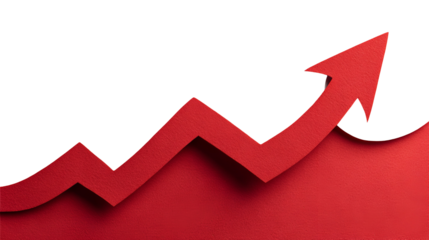 Red arrow graph showing upward trend and growth isolated on transparent background