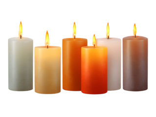 Six lit pillar candles in various colors arranged in a row isolated on transparent background